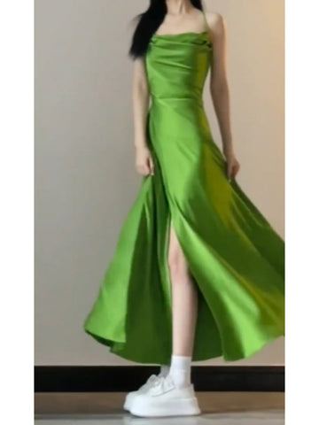 A line Spaghetti Straps Green Holiday Dress Satin Birthday Dresses Birthday Outfits SD1293